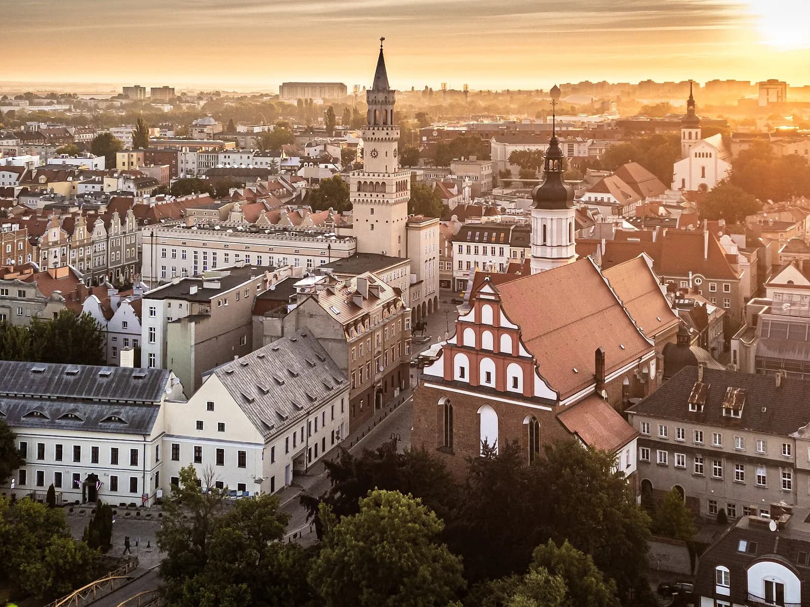 A wide aerial view of a European town with many buildings, prominent church steeples, and other structures under a partly cloudy sky.